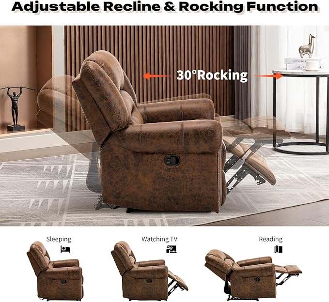 CANMOV Rocker Recliner Chair Leather Recliner Chair with Overstuffed Backrest and Armrests Manual Single Sofa for Living RoomBedroom Nut Brown