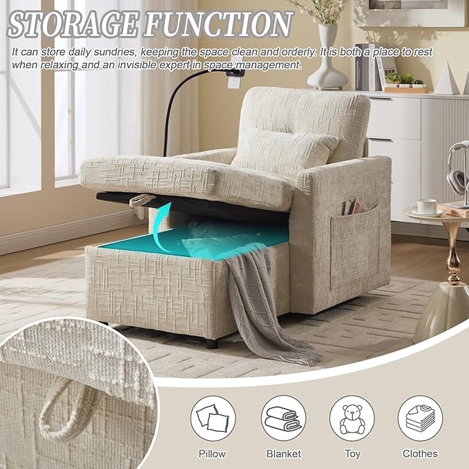 32 Comfy Chaise Lounge Sofa Bed Chair with Storage Side Pockets Phone Holder &amp 2 Pillows Modern Chenille Upholstered Sleeper Sofa Leisure Chair for Living Room Bedroom Small Spaces (Beige)