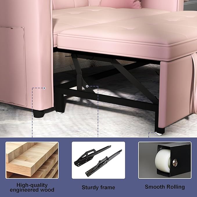 Loveseat Sleeper Sofa Bed Couch: Queen Sleeper Chair Pull Out Bed for Living Room Pink Velvet Couch Beds for Small Spaces 3 in 1 Convertible Sofa with Armrests