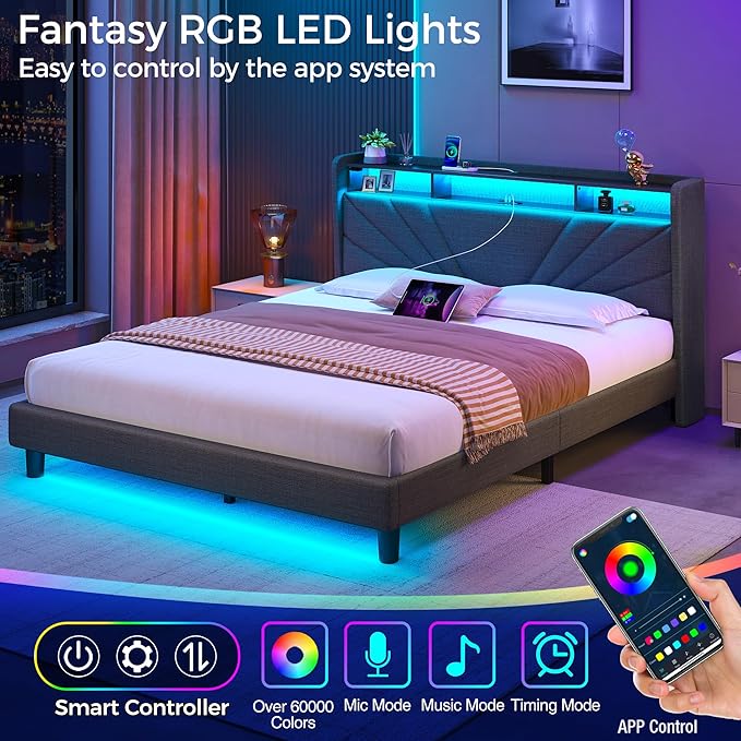 Rolanstar Queen Size Bed Frame Storage Headboard with Charging Station and LED Lights Upholstered Bed with Heavy Duty Wood Slats No Box Spring Needed Noise Free Easy Assembly Dark Grey