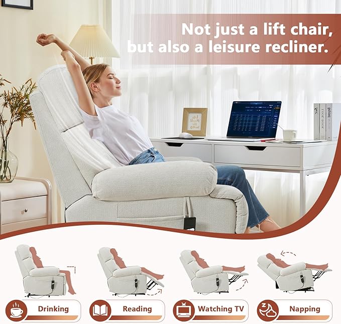cinkehome Small Power Lift Recliner Chair for Elderly Electric Lift Chairs Easy Remote Wide Footrest Side Pockets Soft Snowflake Fleece Beige