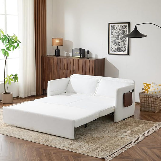Livavege 59.45 Convertible Sofa Bed Velvet Futon Sleeper Sofa Loveseat with Pull-Out Couch Bed Foldable Tabletop USB &amp Type C Ports Recliner Sofabed for Living Room Bedroom Apartment White