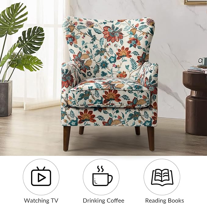 HULALA HOME Floral Accent Chair Wingback Chair with Arms and Solid Wooden Legs Comfy Upholstered Armchair Single Sofa Chair for Living Room Office (RED)