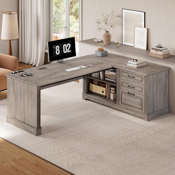SEDETA Executive Desk 61 Farmhouse L Shaped Desk with File Drawers Office Desk with Drawers and Power Outlets Computer Desk with Storage Shelves for Home Office Grey