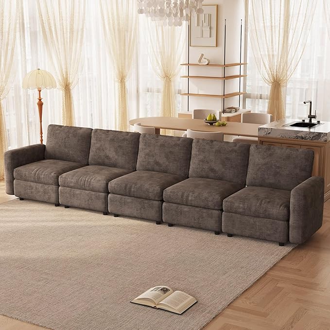 5 Seaters Modular Sectional Sofa 5 Seat Sofa Modern Sectional Couches with Deep Seats for Living Room Upholstered Couch with Soft Backrest 143.7 L Brown (No Ottoman)