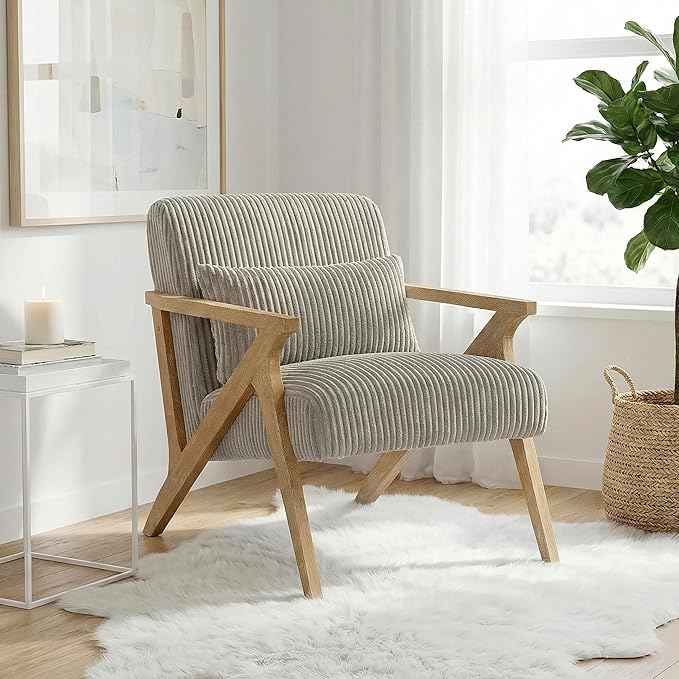 Lexicon Mid Century Modern Accent-Chair with Lumbar Pillow Brown Solid Wood Frame Comfy Corduroy Upholstered Lounge Arm Chair for Living Room/Bedroom/Office/Reading Nook Assembly Required Taupe