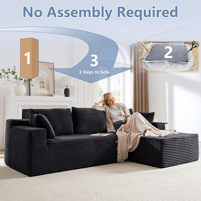 103 L-Shape Cloud Couch with Chaise Upholstered Corduroy Modular Sectional Sofa Deep Seat Couch with Free Combination for Living Room &amp ApartmentNo Assembly Required(BlackRight Facing Chaise)