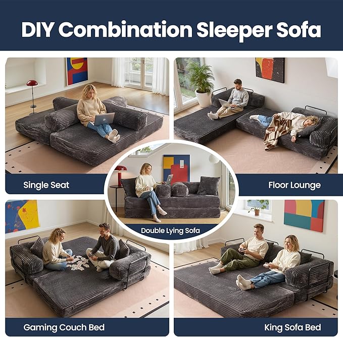 4-in-1 Folding Convertible Sleeper Sofa Bed81 Plush Corduroy Boneless Couch Pull Out BedsLoveseat Floor Futon for Small Spaces Living Room Bedroom ApartmentGrey
