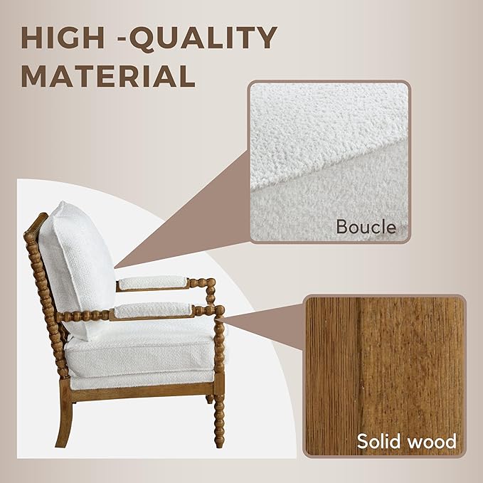 Furniture of America Dedee Mid Century Modern Boucle Fabric Accent Chair with Arms Wide Spindle and Solidwood Legs for Living Room Bedroom Reading Corner Home Office Light Oak and White