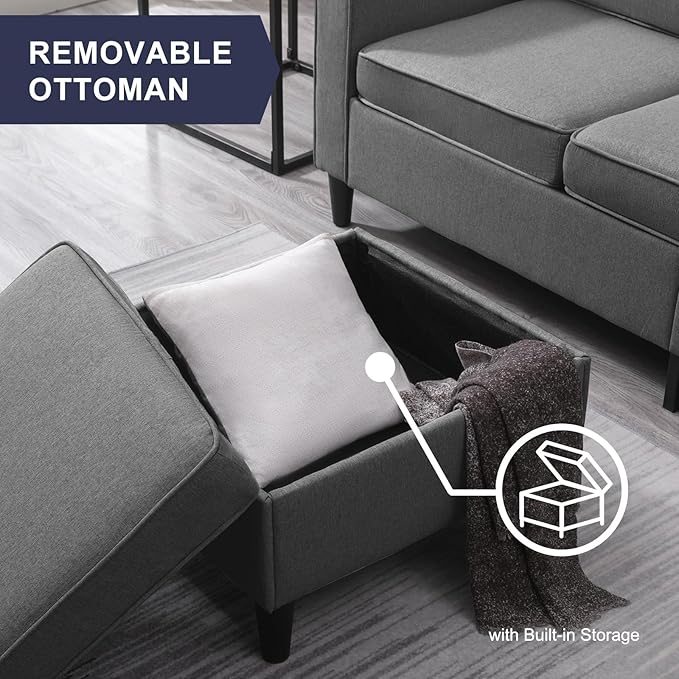 3 Pieces Living Room Sofa Set Linen Couch and Loveseat &amp Chair Sets with Ottoman &amp Armchair Modular Sectional Sofa Couch Furniture Set Wood Legs Sofas Couches for Living Room - Dark Grey