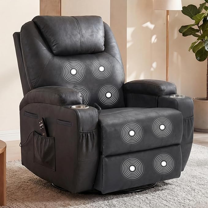 Flamaker Swivel Rocker Recliner for Adults 360 Glider Rocking Chair with Vibration Massage Upholstered Recliner Chair with 2 Cup Holders &amp Side Pockets for Living Room Nursery (Leathaire Black