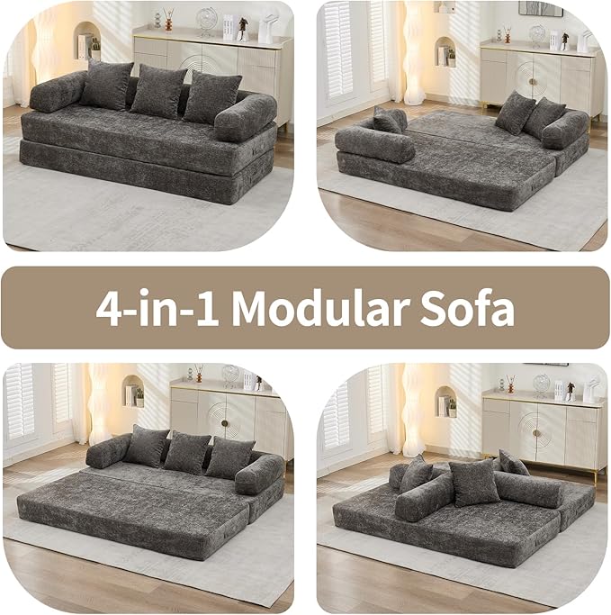 Convertible Sofa Bed 4-in-1 Floor Foldable Couch Bed with Armrests &amp Pillow Chenille Fabric No Assembly Required Comfy Memory Foam Couch Lounge Sofa for Living Room Grey