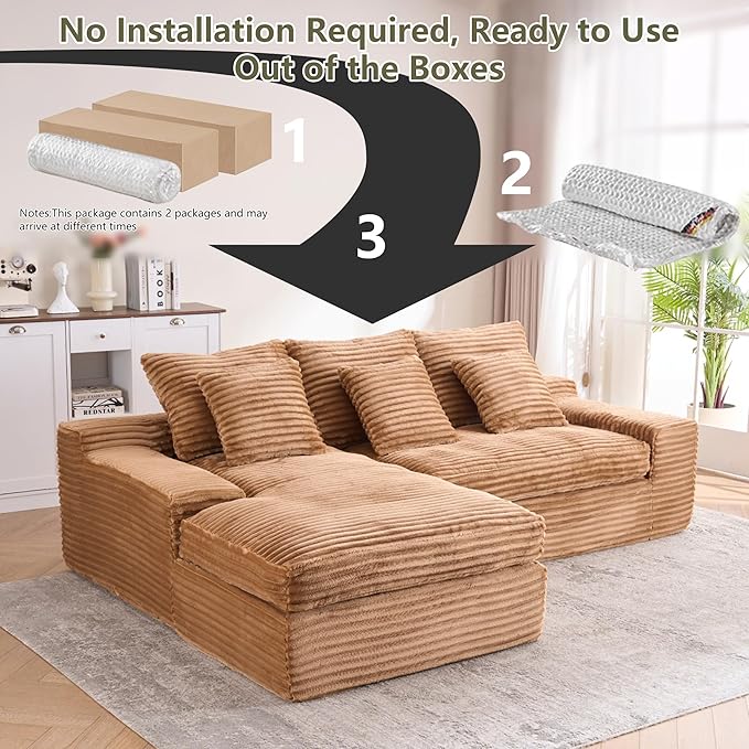 98.8 Cloud L Shaped Sectional Couch with Deep Seat Modern Boneless Compressed Sofa with Chaise 4 Seat Corduroy Couches for Living Room Bedroom No Assembly Required (Brown)