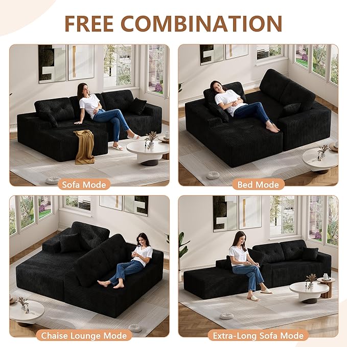 Ball &amp Cast 106 Modular Sectional Sofa Cloud Corduroy Couch with Deep Seat Boneless L-Shaped Sectional Upholstered Modular Sofa for Living Room No Assembly Required (Black Left Facing Chaise