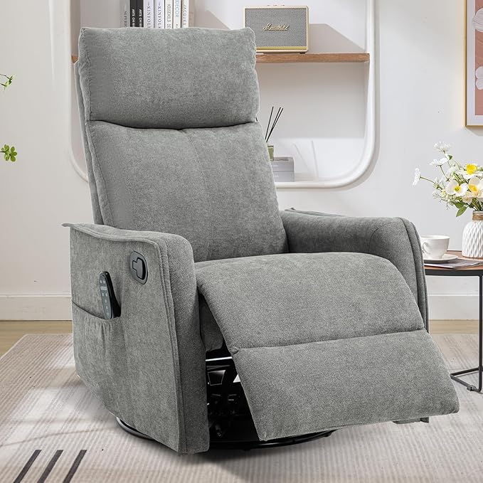 Swivel Rocker Recliner Chair 360° Swivel Recliner with Heat and Massage Rocker Recliner Easy to Clean Nursery Glider Recliner Chair with Side Pockets for Living Room Light Grey