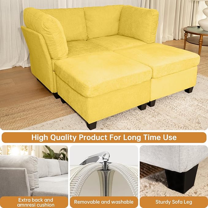 Modern Sofa Modular sectional Cloud Couch with 2 Ottomans 6-seat Chenille deep-seat with Storage and 6 Pillows for Living Rooms bedrooms and Apartments (Yellow 2Seater+2Ottoman)
