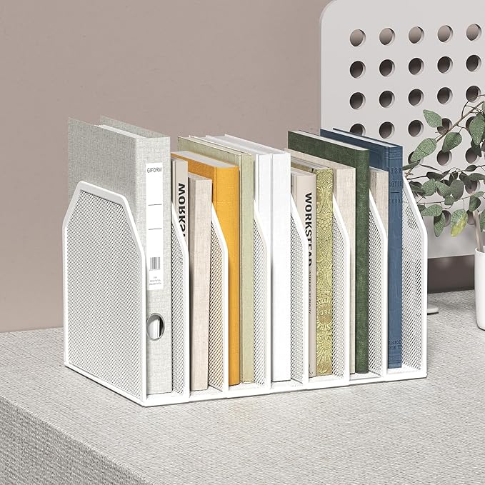 Metal 7 Section File Folder Organizer for Desk | Vertical Office File Holder | Heavy-Duty Mesh Document Sorter for Books Binders Laptops | Desk Organizer7 Sections White