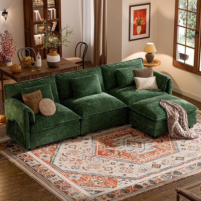 ELUCHANG 116 L Shaped Modular Sectional Cloud Couch with Pillow Deep Seat Sofa Couches for Living Room 4-Seat Modern Sofa with Movable Ottoman Chenille Green