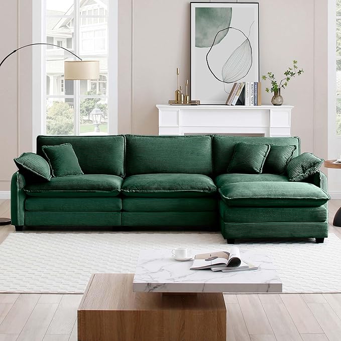 115.34 Modular Sectional Couch 3 Seat Extra Deep Corduroy Sofa with Ottoman Footrest 2 Arm Pillows &amp 3 Throw Pillows Modern Upholstered Comfy Couches for Living Room Bedroom Apartment Green