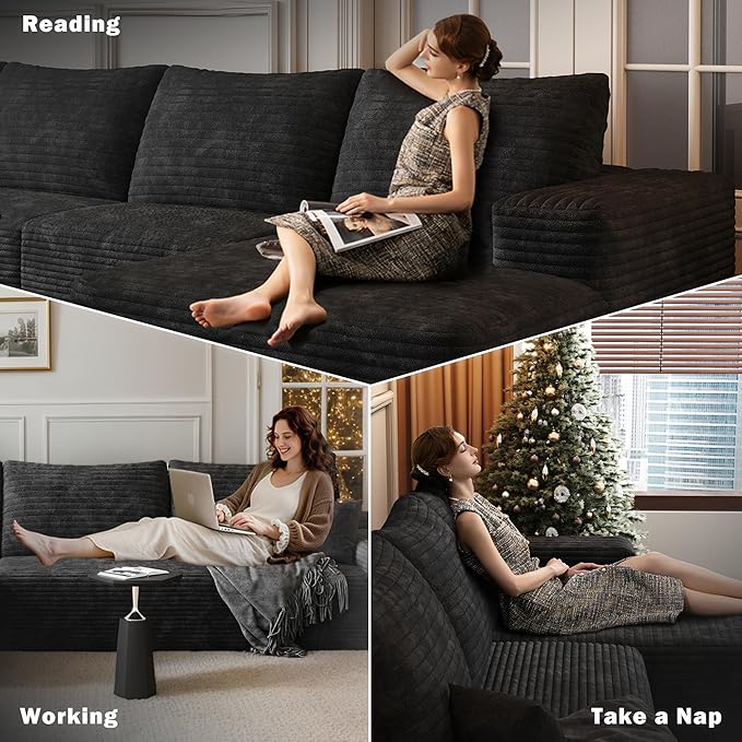 Oversized Corduroy Sectional Boneless Couch 108 W U Shaped Modular Sectional Sofa with Chaise/Ottoman No Assembly Required Compress Couches for Living Room (Black 3 seater+Ottoman+Left Chaise)