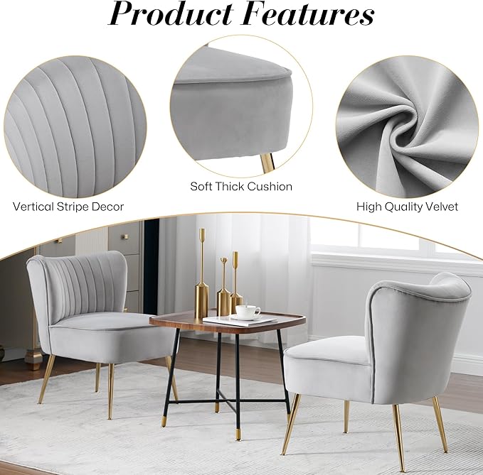 Velvet Accent Chair Set of 2 Comfy Upholstered Side Chair with Gold Metal Legs and Padded Seat Modern Small Corner Armless Living Room Chairs with Wing Back Light Gray