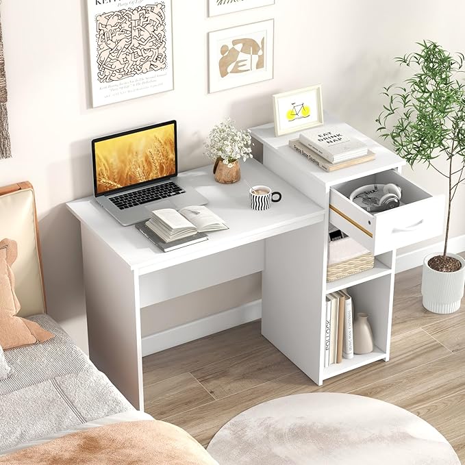 Computer Desk with Drawers 43.5’’ Writing Desk with Storage Shelves Wood Vanity Makeup Table Small Desk for Bedroom Living Room Study Home Office Small Space White (43.5'')