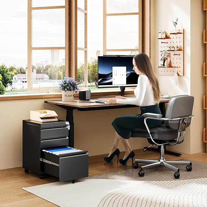 MIIIKO File Cabinet 3 Drawers on Wheels Under Desk Black Metal Rolling File Cabinets with Lock for Home Office Un-Assembled Filing Cabinet with Lock