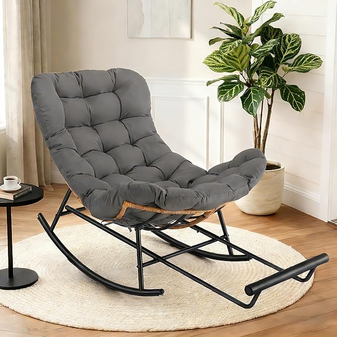 GarveeHome Indoor Papasan Rocking Chair Rattan Rocker with Extendable Footrest &amp Detachable Polyester Cushion 352lbs Sturdy Large Reading Lounge for Indoor Bedroom Living Room Dark Grey
