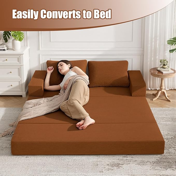 COMAX Convertible Sofa Bed Queen Corduroy Folding Floor Couch Pull Out Couch Bed Futon Sleeper with Pillows Fold Out Boneless Sofa Comfy Lounge Mattress Loveseat for Living Room Bedroom Orange