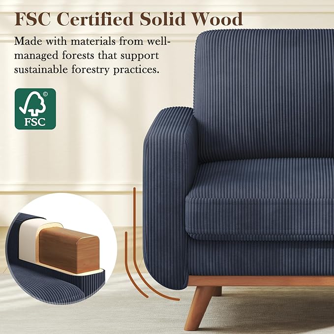 38.5 Dark Blue Corduroy Accent Chair Comfy Deep Seat Armchair with Spring Cushion Modern Reading Sofa for Living Room Bedroom