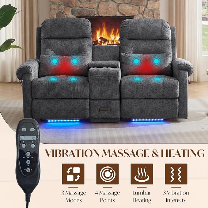 Power Lift Recliner Loveseat Sofa for Elderly Dual Motor Electric Recliner with Massage &amp Heat 2-Seater Velvet Couch with Independent Control Console Cup Holder &amp Power Outlet (Grey 69”)