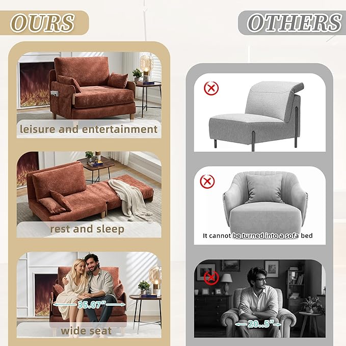 SLEERWAY Large 3 in 1 Convertible Futon Sofa Bed Chair 35 W Extra Wide Sleeper Chair Bed with Pull Out Couch Modern Chenille Chaise Lounge Armchair for Living Room Bedroom Playroom Orange