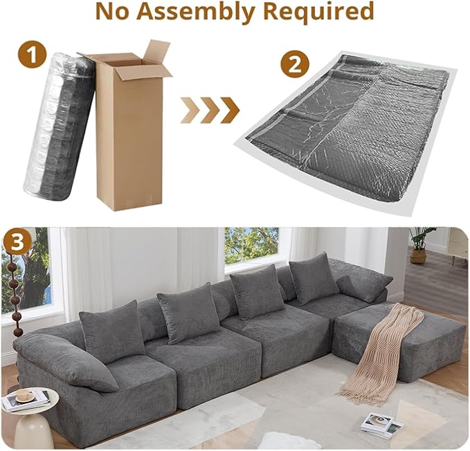 142 L Shaped Chenille Sectional Sofa Oversized Fluffy Cloud Couch with Memory Foam 5 Seater Modular Sleeper Sofa with Ottoman for Living Room No Assembly Gray
