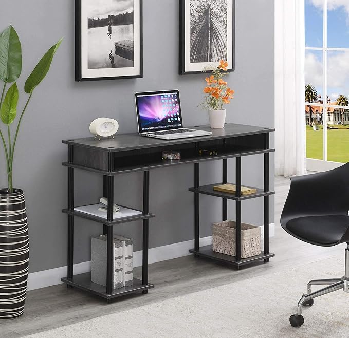 Convenience Concepts Designs2Go No Tools Desk Home Office Desk with Shelves Corner Shelf Vanity Desk Computer Desk Nail Table for Nail Tech - 47.25 L x 15.75 W x 30 H Charcoal Gray/Black