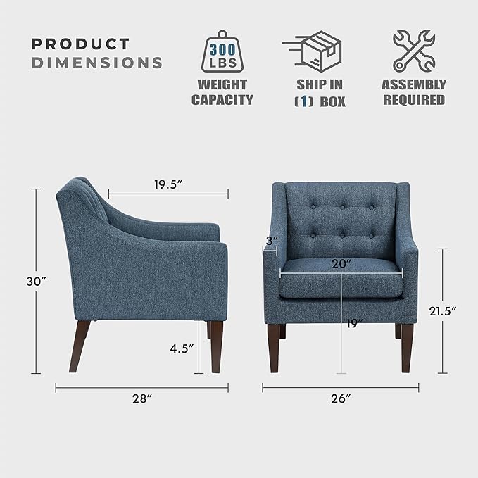 Lexicon Living Room Accent Chair Textured Fabric Upholstered Arm Chair with Button Tufted Back Sloped Arms and Wooden Legs Blue