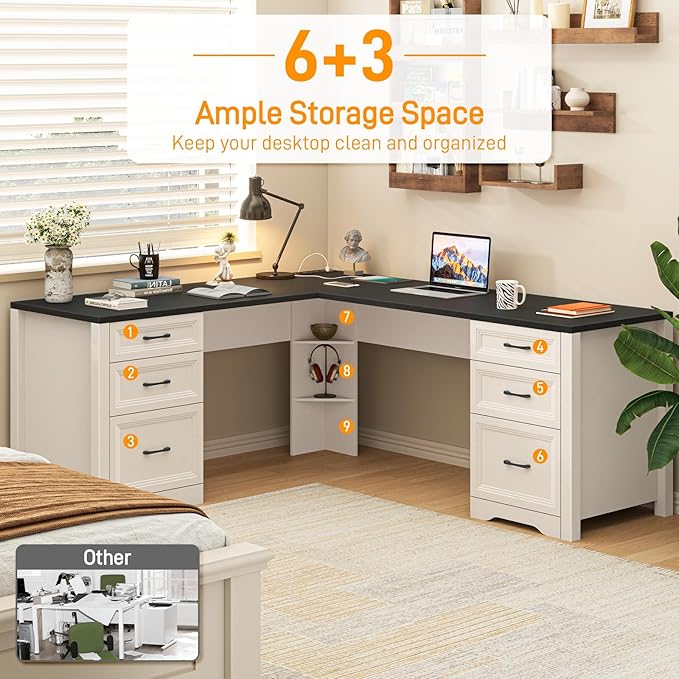 Farmhouse Home Office Desk with 6 Drawers L Shaped Executive Desk with Power Outlets and Triangle Under-Desk Storage Shelf &amp Drawer File Cabinet Corner Computer Desk Black