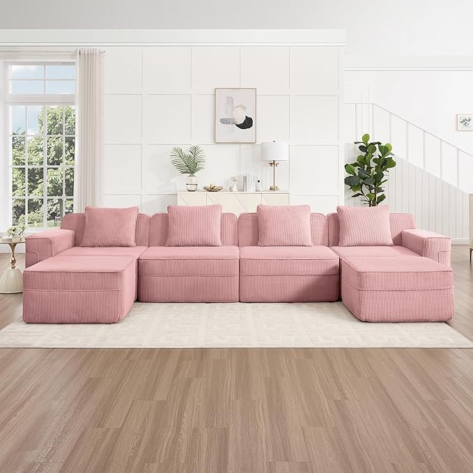 153.5 Boneless Sectional Couch for Living RoomCorduroy Cloud Sofa with Deep Seats and Wide Armrests Memory Foam Sofa 4 Seater Pink Sofa for Apartments