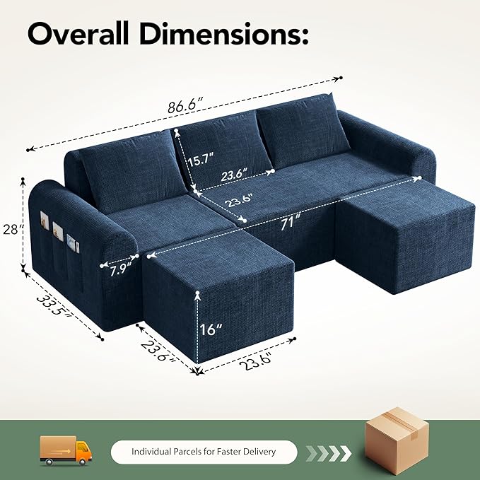 86.6 Cloud Boneless Sectional Sofa for Living Room 3-Seater Modular Couch for Small Apartments with 2 Ottomans Deep Seat Chenille Fabric Sofa No Assembly Required 72H Full Restore Blue