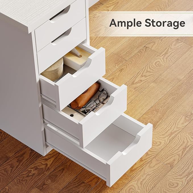 LITTLE TREE Computer Desk with 5 Drawers 47 Inch White Modern Simple Study Writing Desk with Metal Frame Work Desk for Home Office