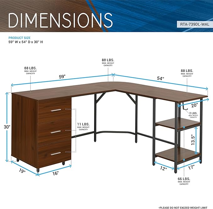 Techni Mobili L Shaped Desk - Two-Toned Computer Desk with Drawers &amp Storage Shelves - Simple Modern Furniture &amp Home Office Space Corner Table for Work &amp Writing
