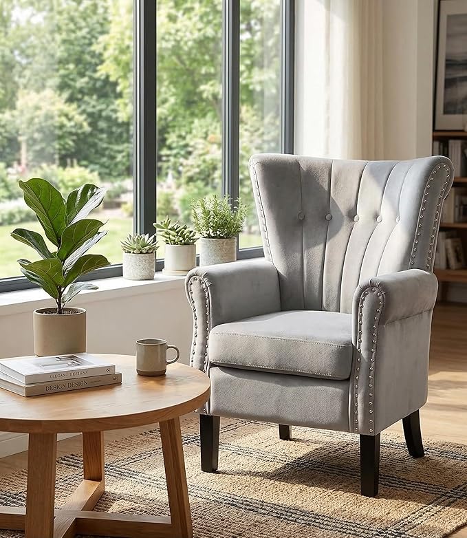 Modern Accent Chair for Living Room Comfy Upholstered Armchair for Bedroom &amp Small Spaces Mid Century Lounge Reading Chair for Office(Grey)