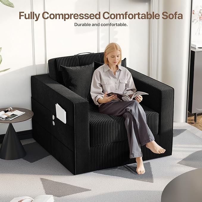Claiks Convertible Sofa Bed2 in1 Folding Sofa BedArmchair Sleeper Sofa Boneless Corduroy Couch with 2 Pillows for Living Room BedroomBlack