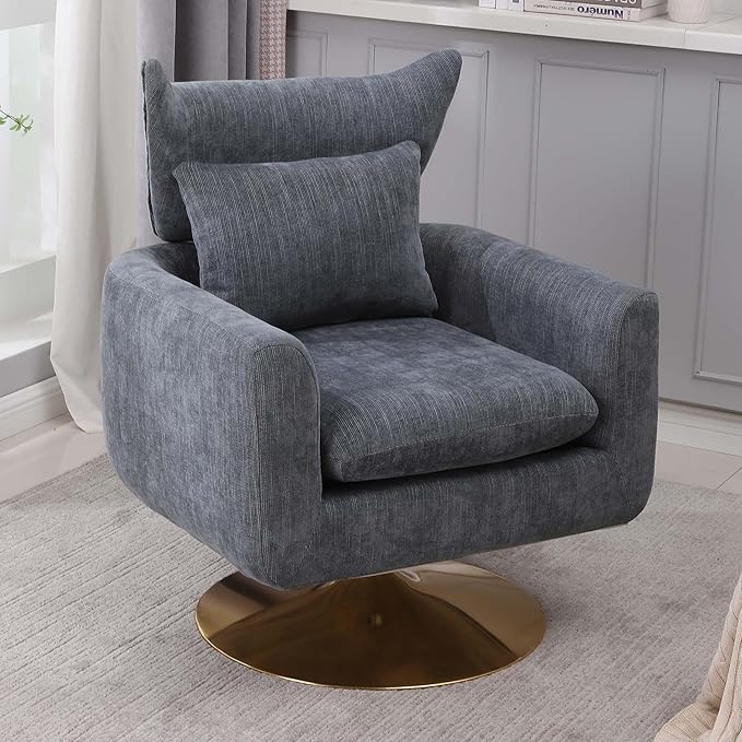 Swivel Accent Chairs for Living Room Mid Century Modern Accent Chair with Arms Comfy Side Chairs for Living Room with Gold Base &amp Lumbar Pillow Upholstered Armchair with Wingback (Dusty Blue)