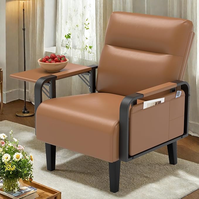 Upholstered Accent Chairs Set of 2 Faux Leather Armchair with Tray Table Comfy Reading Chair for Living Room Bedroom Guest Room Brown