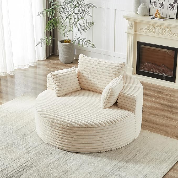 55 inch Chaise Lounge Chair Indoor Oversized Round Accent Chair Modern Corduroy Sponge Single Sofa Fluffy Sleeper Chair Deep Seat Comfortable Chair for Living Room Bedroom Apartment Beige