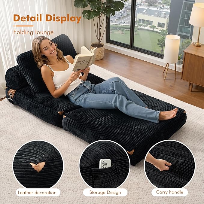 Folding Sofa BedComfy Sleeper Chair Foldable Mattress with Pillow &amp Back SupportPortable Fold Out Chair Bed Floor Convertible Lounge Sofa Couch for Living Room Bedroom (Black)