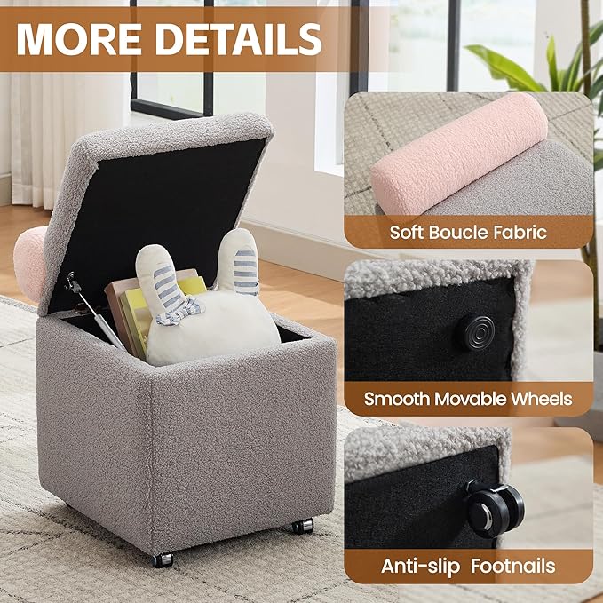 Boucle Vanity Chair with Storage Swivel Makeup Vanity Chair with Wheels &amp Safety Hinge Upholstered Vanity Stool Ottoman for Bedroom Dressing Room Grey
