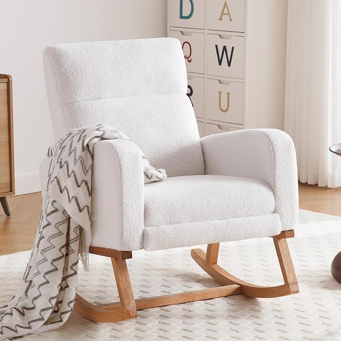 Rocking Chair Nursery with Foot Rest Nursing Rocking Chairs for Mom Nursery Teddy Rocker Glider with High Backrest for Living Room Bedroom White