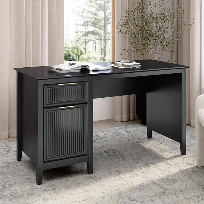 Bush Home 54-Inch Writing Desk with Storage Fluted Computer Study Laptop Table Workstation with Spacious Drawer and Door Storage Home Office Furniture Make Up Vanity Camille Collection Onyx Birch