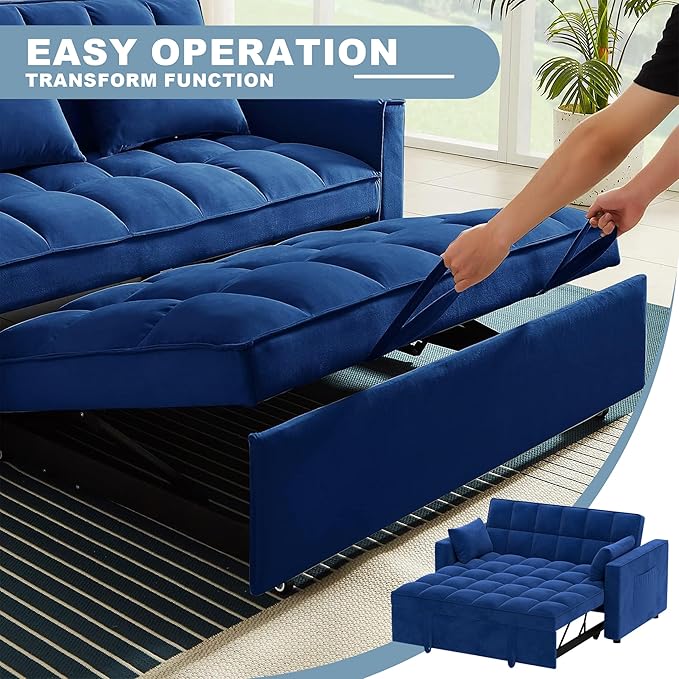 Sleeper Sofa Couch Bed 55.9'' Convertible Velvet Loveseat 3 in 1 Pull Out Sofa Bed with Toss Pillows Pockets Furniture for Living Room Blue